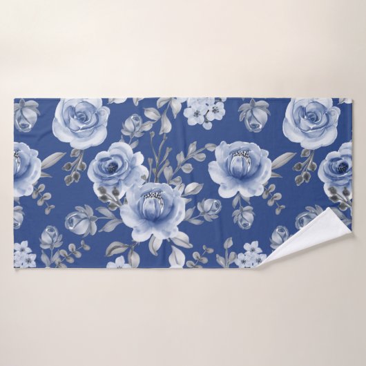 Navy Blue en Elegant Moderne Waterverf Floral Badhanddoek (Badhanddoek)