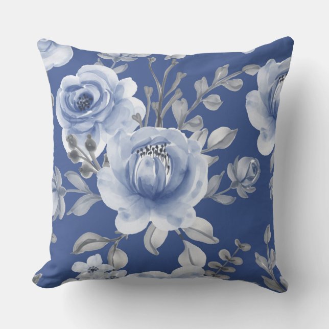 Navy Blue en Elegant Moderne Waterverf Floral Buitenkussen (Voorkant)
