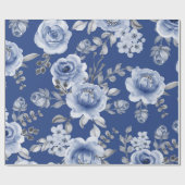 Navy Blue en Elegant Moderne Waterverf Floral Cadeaupapier (Vlak)