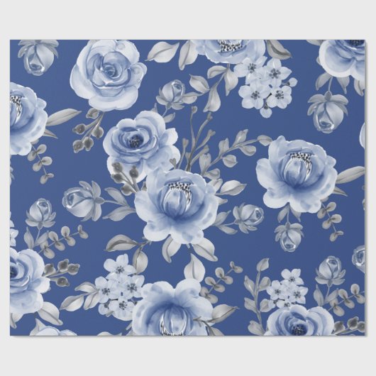 Navy Blue en Elegant Moderne Waterverf Floral Cadeaupapier (Vlak)