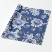 Navy Blue en Elegant Moderne Waterverf Floral Cadeaupapier (Uitgerold)