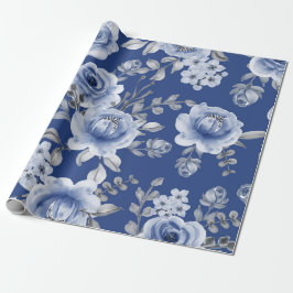 Navy Blue en Elegant Moderne Waterverf Floral Cadeaupapier