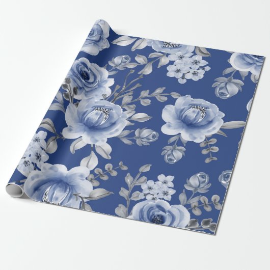 Navy Blue en Elegant Moderne Waterverf Floral Cadeaupapier (Uitgerold)