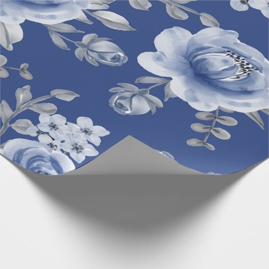 Navy Blue en Elegant Moderne Waterverf Floral Cadeaupapier (Hoek)