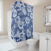 Navy Blue en Elegant Moderne Waterverf Floral Douchegordijn (In situ)