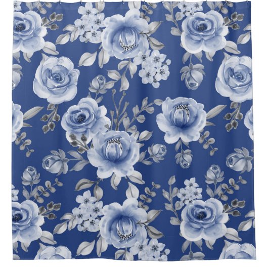 Navy Blue en Elegant Moderne Waterverf Floral Douchegordijn (Voorkant)