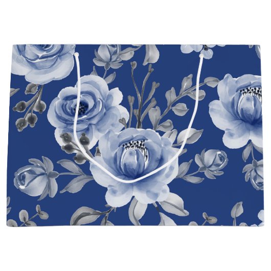 Navy Blue en Elegant Moderne Waterverf Floral Groot Cadeauzakje (Voorkant)