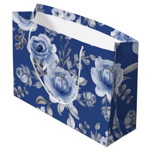 Navy Blue en Elegant Moderne Waterverf Floral Groot Cadeauzakje (Achterkant Gekanteld)