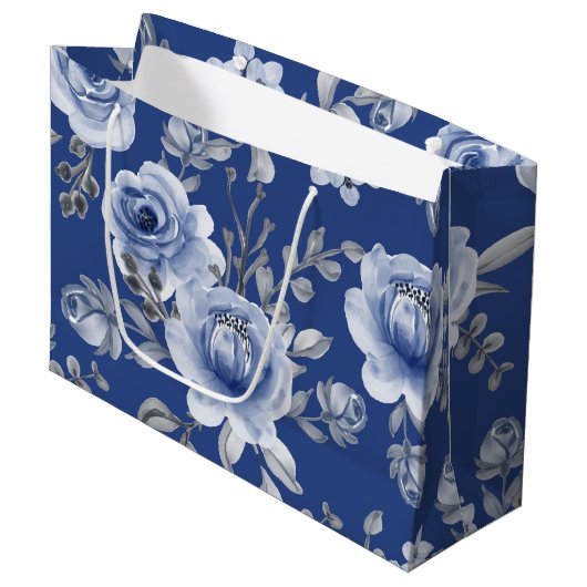 Navy Blue en Elegant Moderne Waterverf Floral Groot Cadeauzakje (Voorkant Gekanteld)