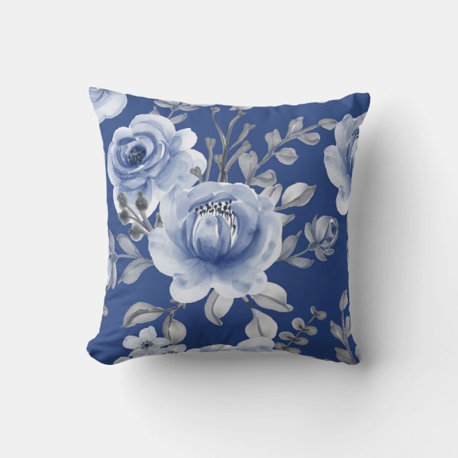 Navy Blue en Elegant Moderne Waterverf Floral Kussen (Voorkant)
