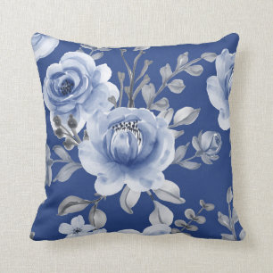 Navy Blue en Elegant Moderne Waterverf Floral Kussen