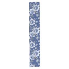 Navy Blue en Elegant Moderne Waterverf Floral Lange Tafelloper