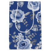 Navy Blue en Elegant Moderne Waterverf Floral Medium Cadeauzakje (Voorkant)