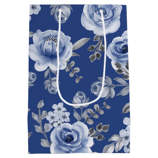 Navy Blue en Elegant Moderne Waterverf Floral Medium Cadeauzakje (Achterkant)