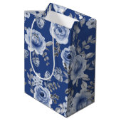 Navy Blue en Elegant Moderne Waterverf Floral Medium Cadeauzakje (Achterkant Gekanteld)