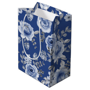 Navy Blue en Elegant Moderne Waterverf Floral Medium Cadeauzakje