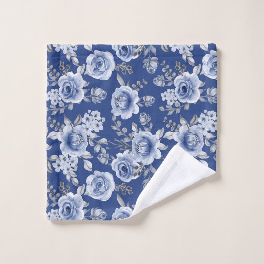 Navy Blue en Elegant Moderne Waterverf Floral Washandje (Wasdoekje)