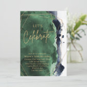 Navy Blue en Emerald Waterverf Verjaardagsfeest Kaart (Staand voorkant)