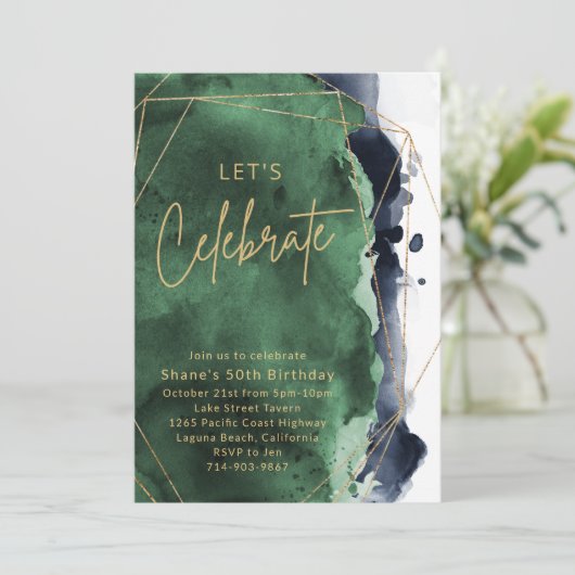 Navy Blue en Emerald Waterverf Verjaardagsfeest Kaart (Staand voorkant)