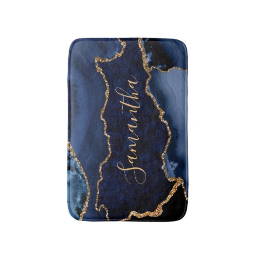 Navy Blue en Faux Gold Glitter Marble Agate Badmat (Voorkant Verticaal)