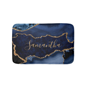 Navy Blue en Faux Gold Glitter Marble Agate Badmat