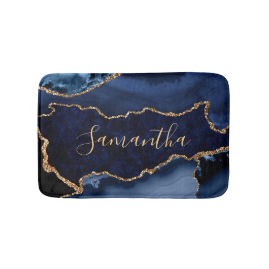 Navy Blue en Faux Gold Glitter Marble Agate Badmat (Voorkant)