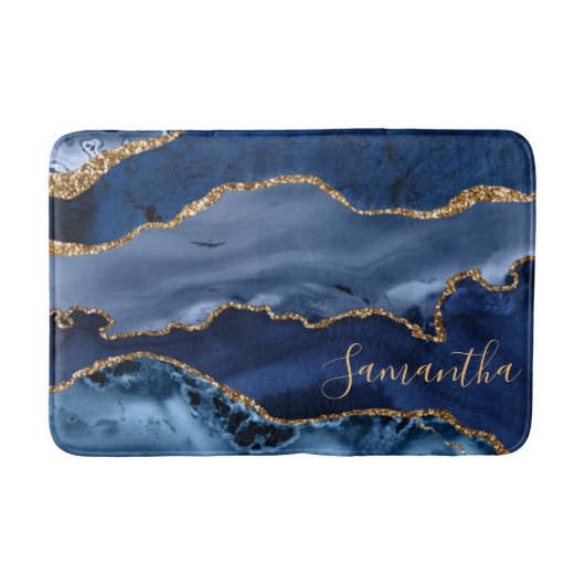 Navy Blue en Faux Gold Glitter Marble Agate Badmat (Voorkant)