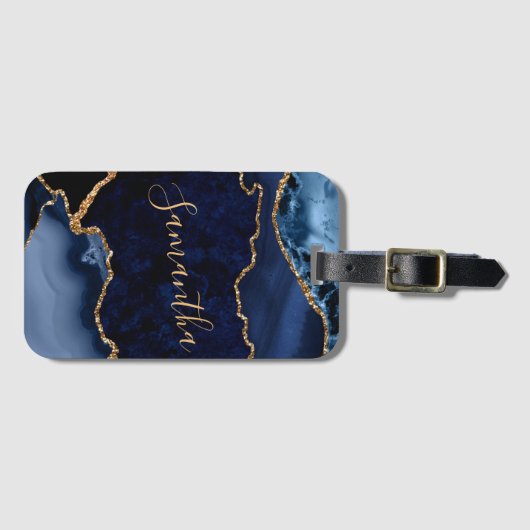 Navy Blue en Faux Gold Glitter Marble Agate Bagagelabel (Voorkant (horizontaal))