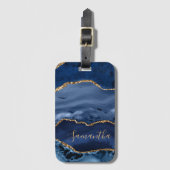 Navy Blue en Faux Gold Glitter Marble Agate Bagagelabel (Voorkant (verticaal))