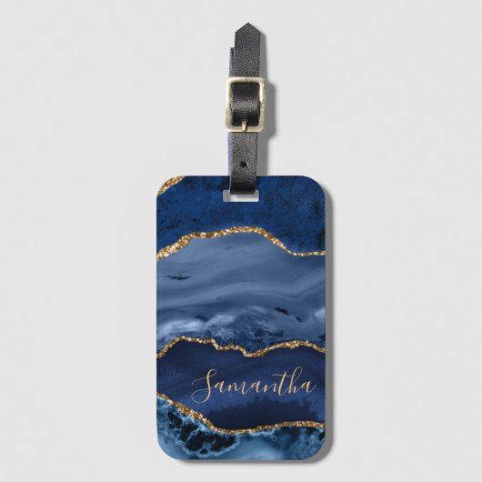 Navy Blue en Faux Gold Glitter Marble Agate Bagagelabel (Voorkant (verticaal))