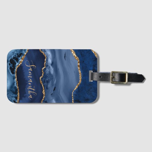 Navy Blue en Faux Gold Glitter Marble Agate Bagagelabel (Voorkant (horizontaal))