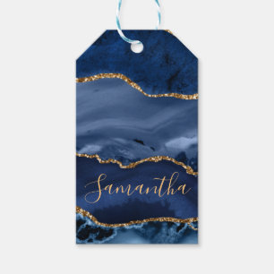Navy Blue en Faux Gold Glitter Marble Agate Cadeaulabel