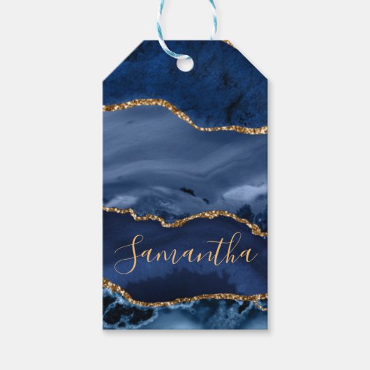 Navy Blue en Faux Gold Glitter Marble Agate Cadeaulabel (Voorkant)