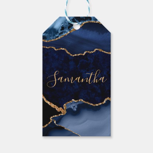 Navy Blue en Faux Gold Glitter Marble Agate Cadeaulabel (Voorkant)