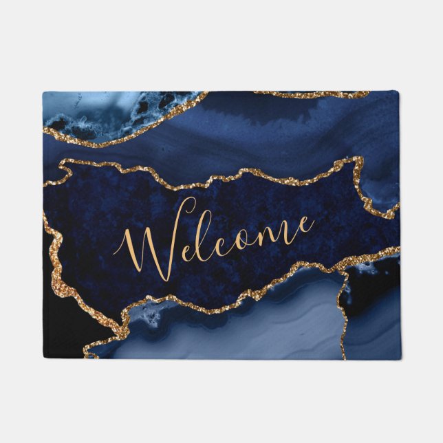 Navy Blue en Faux Gold Glitter Marble Agate Deurmat (Voorkant)