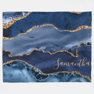 Navy Blue en Faux Gold Glitter Marble Agate Fleece Deken