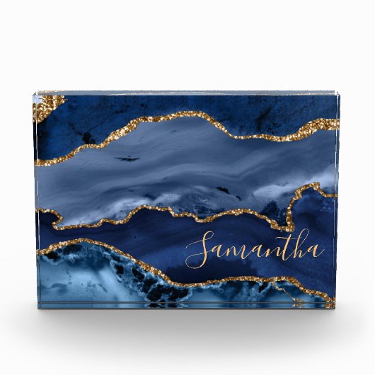 Navy Blue en Faux Gold Glitter Marble Agate Fotoblokken (Voorkant)