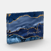 Navy Blue en Faux Gold Glitter Marble Agate Fotoblokken (Links)