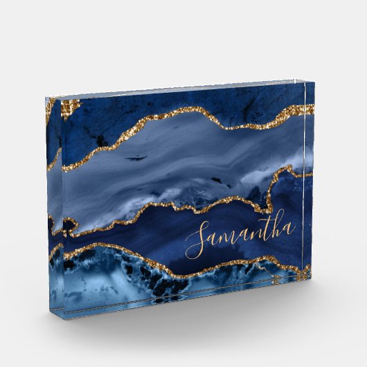 Navy Blue en Faux Gold Glitter Marble Agate Fotoblokken (Links)