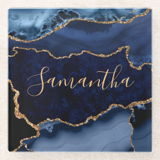 Navy Blue en Faux Gold Glitter Marble Agate Glazen Onderzetter (Voorkant)