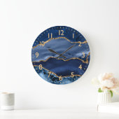Navy Blue en Faux Gold Glitter Marble Agate Grote Klok (Huis)