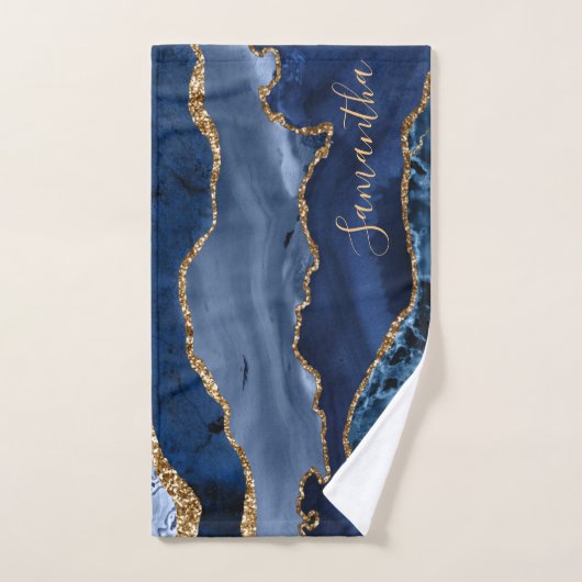 Navy Blue en Faux Gold Glitter Marble Agate Handdoek (Handdoek)