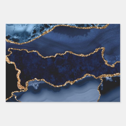 Navy Blue en Faux Gold Glitter Marble Agate Inpakpapier Vel (Voorkant)