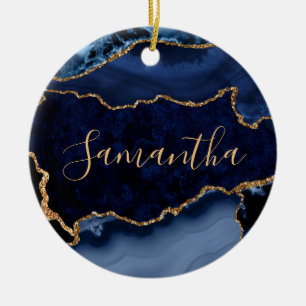 Navy Blue en Faux Gold Glitter Marble Agate Keramisch Ornament