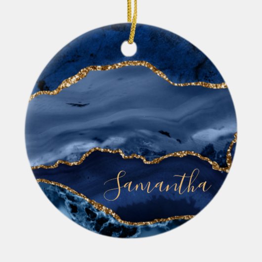 Navy Blue en Faux Gold Glitter Marble Agate Keramisch Ornament (Voorkant)