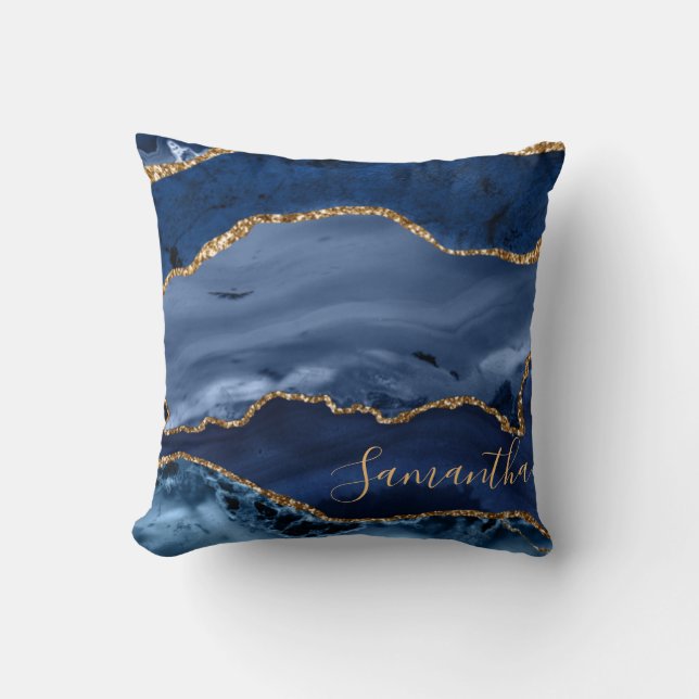 Navy Blue en Faux Gold Glitter Marble Agate Kussen (Voorkant)
