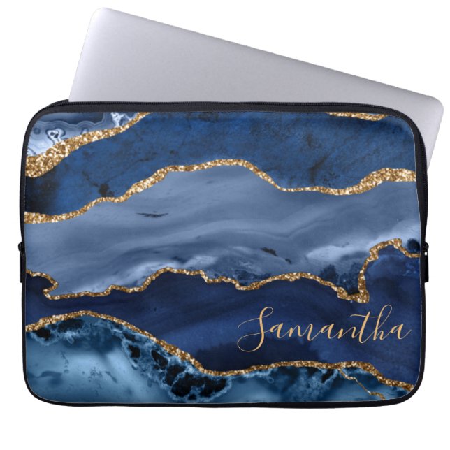 Navy Blue en Faux Gold Glitter Marble Agate Laptop Sleeve (Voorkant)
