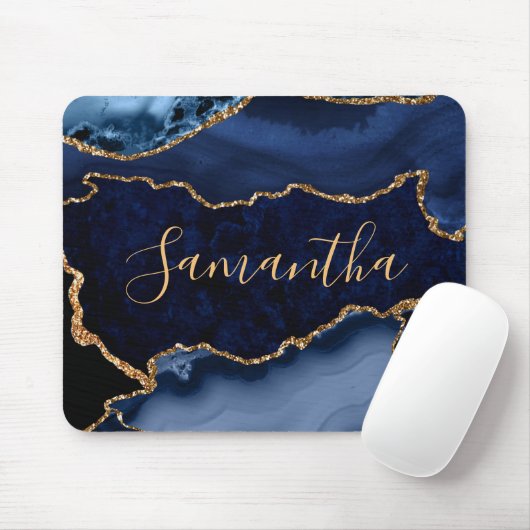 Navy Blue en Faux Gold Glitter Marble Agate Muismat (Met muis)