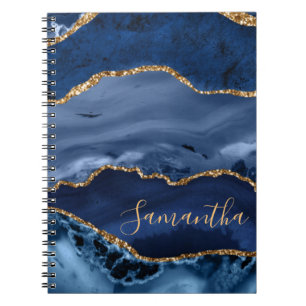 Navy Blue en Faux Gold Glitter Marble Agate Notitieboek