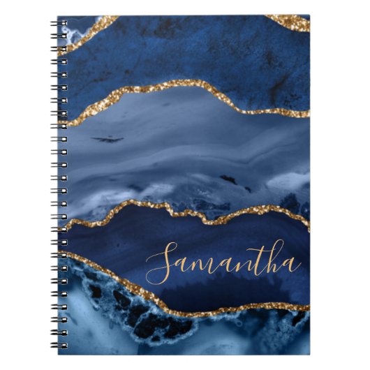 Navy Blue en Faux Gold Glitter Marble Agate Notitieboek (Voorkant)